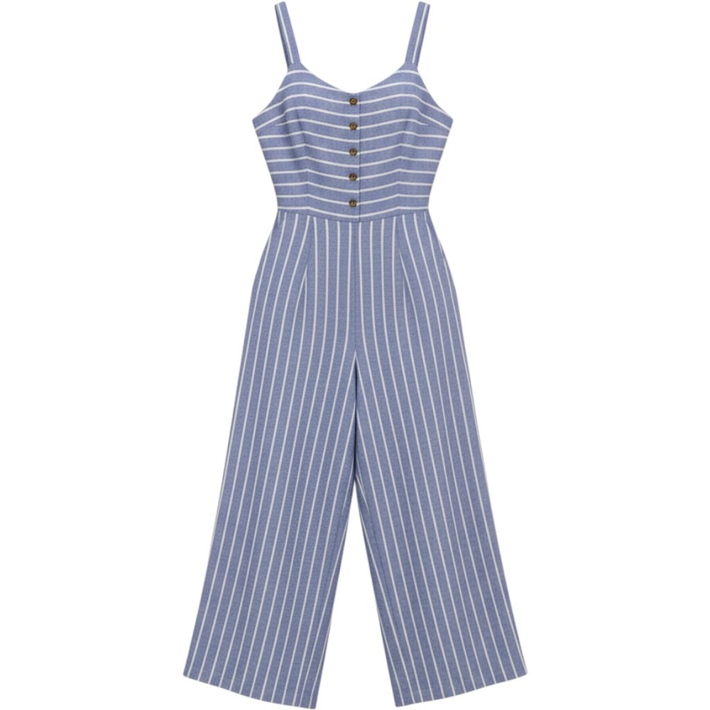 C&C California Blue White Striped 100% Linen Sleeveless Jumpsuit Size 8